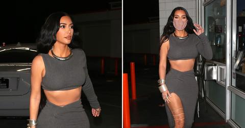 kim kardashian in a skintight outfit and roman gladiator style strappy heels arrives birthday party in beverly hills