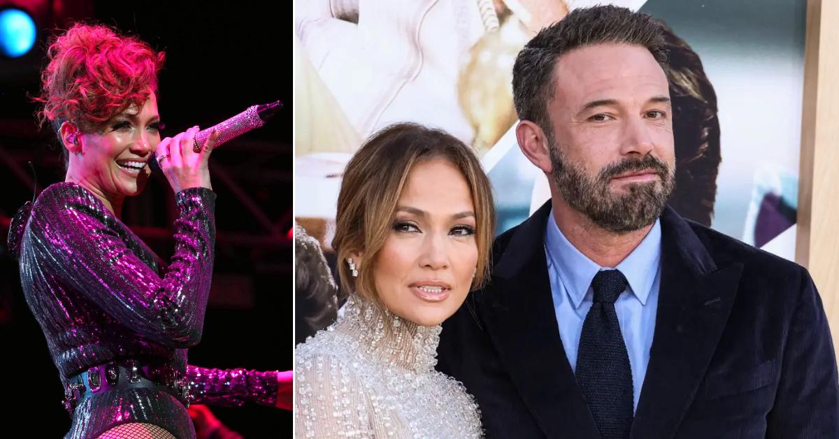 Photo of Jennifer Lopez singing, picture of her and Ben Affleck.