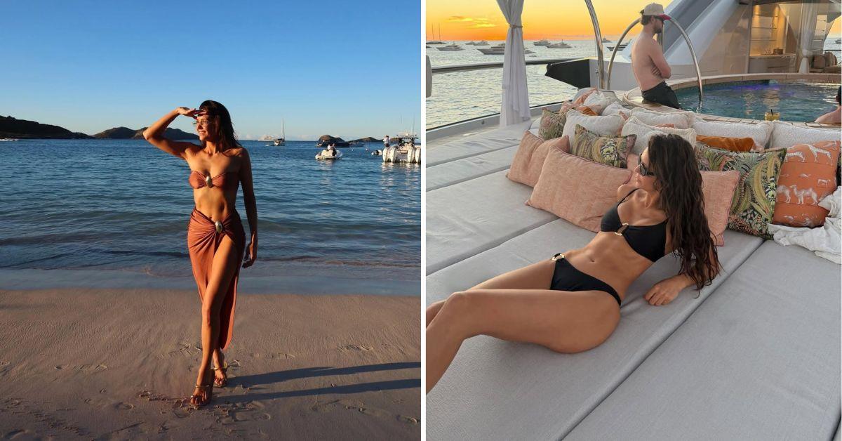 image of The actress stunned in multiple swimwear looks, including a bronze cutout swimsuit and a tiny black bikini aboard a yacht.