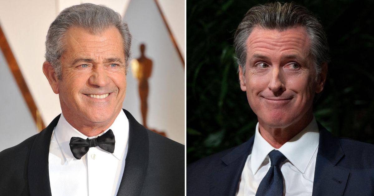 Composite photo of Mel Gibson and Gavin Newsom. 