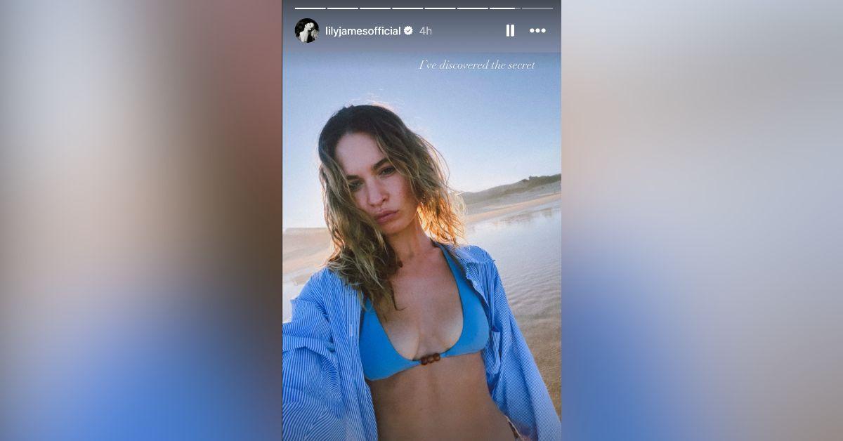Image of Lily James spilled out of a tiny blue bikini.
