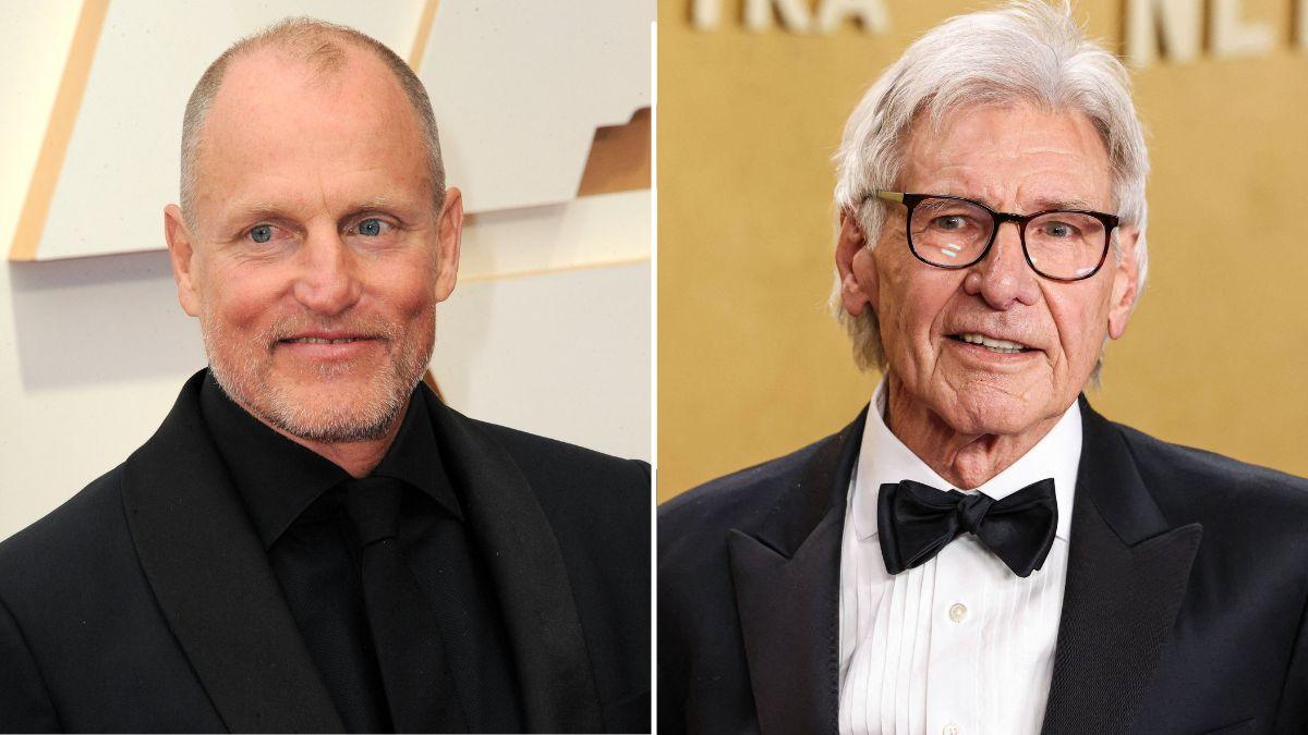 split image of Woody Harrelson and Harrison Ford