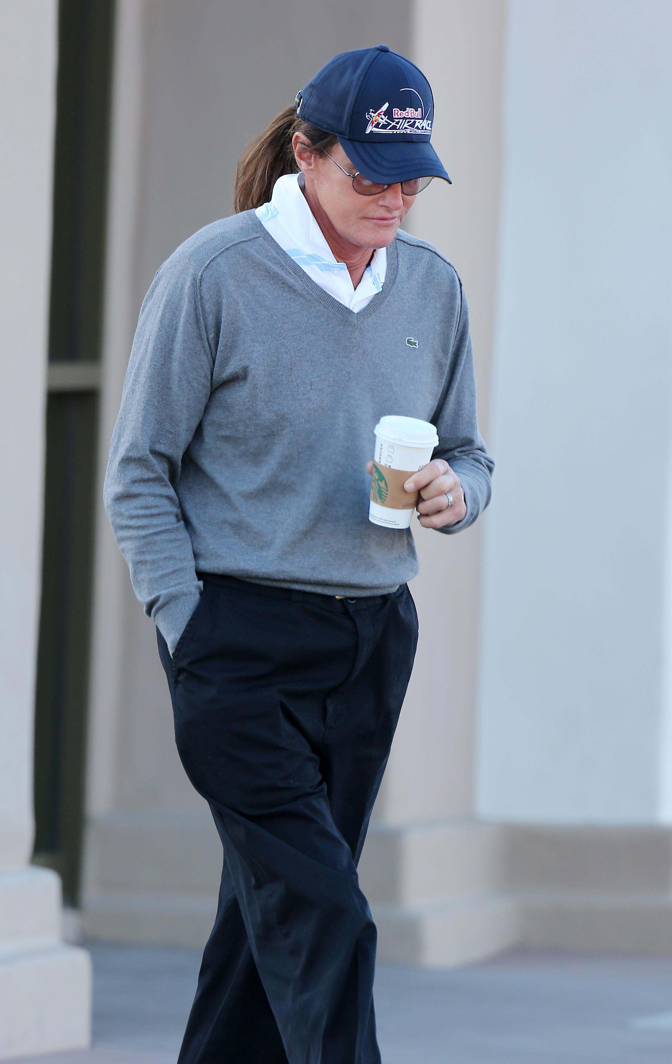 Bruce Jenner leaving Starbucks on the day Intouch print a story about his alleged transition to a woman on the cover