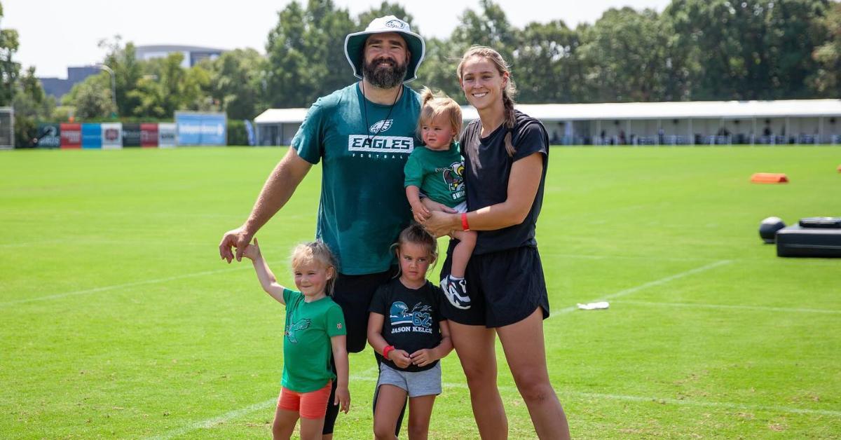 Photo of Jason Kelce, his wife, Kylie, and their three daughters.