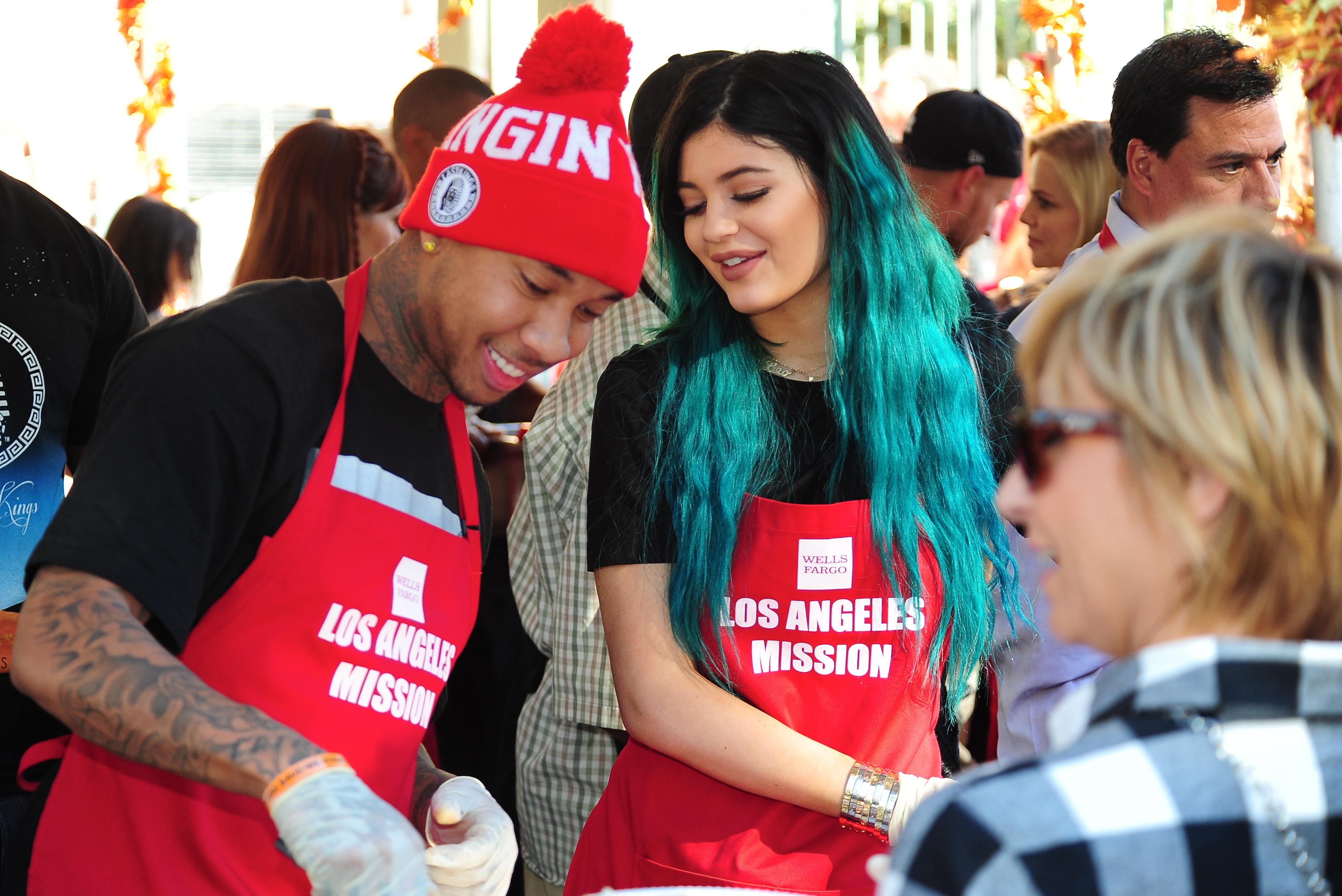 Kylie Jenner joins reported boyfriend, rapper Tyga, as they serve up Thanksgiving dinner to the homeless at the Los Angeles Mission in downtown Los Angeles, CA