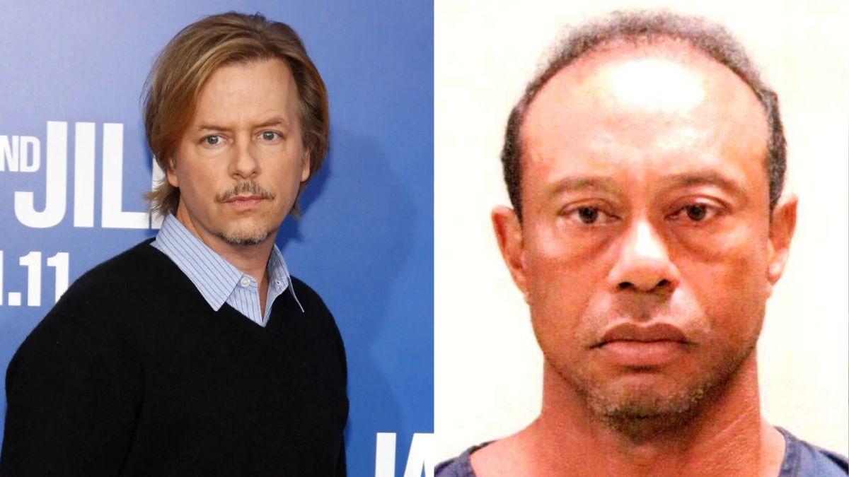 Split photo of David Spade and Tiger Woods