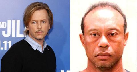 Split photo of David Spade and Tiger Woods