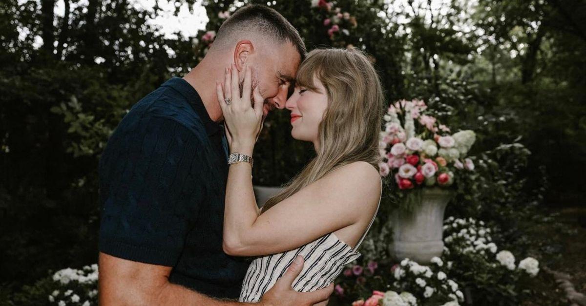 Photo of Taylor Swift and Travis Kelce's engagement happened in a flower-filled garden.