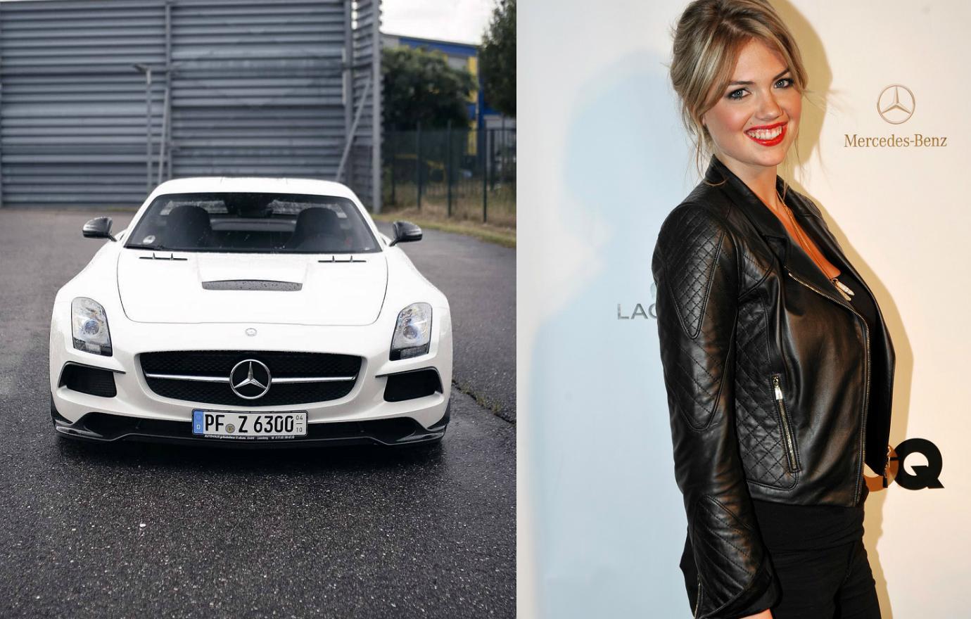 Kate Upton appeared in a black leather jacket and black pants at a Mercedes event, and next to her is the Mercedes-Benz SLS 6.3 AMG she purchased.