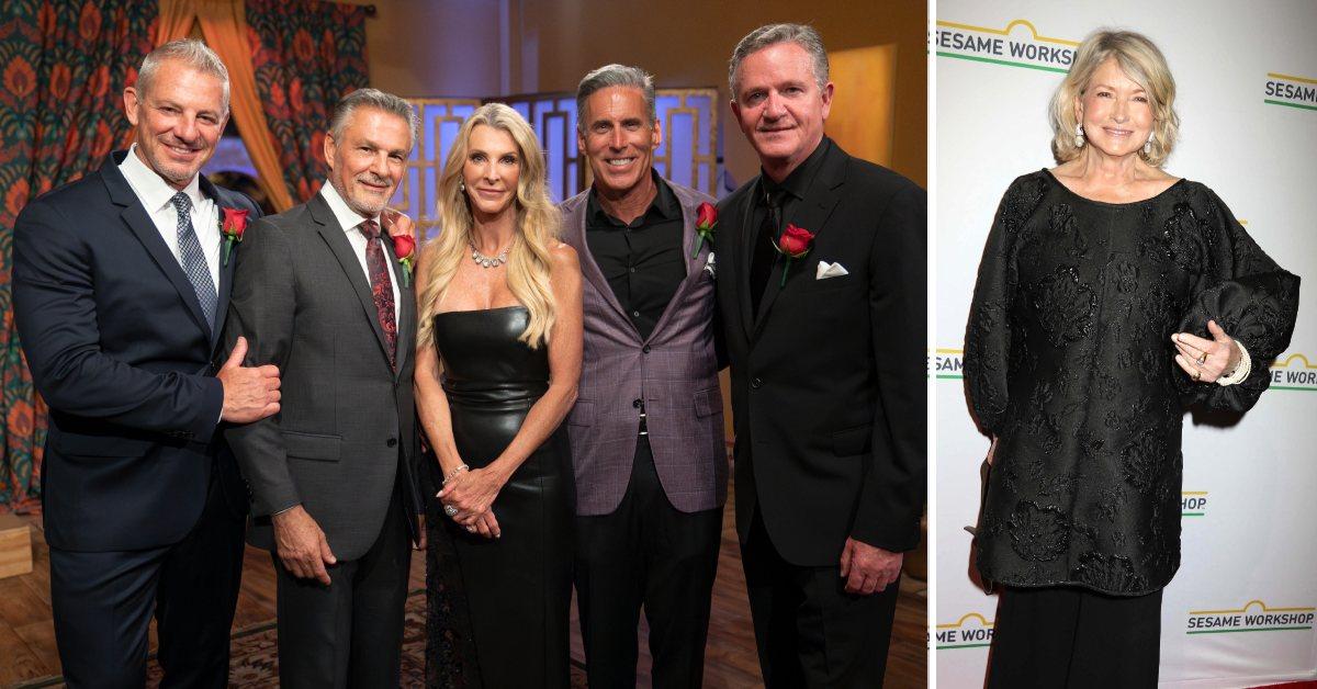 Photo of Joan Vassos with three of her 'Golden Bachelorette' suitors and an image of Martha Stewart.