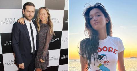 A photo of Tobey Maguire with ex-wife Jennifer Meyer and an image of Lily Chee.