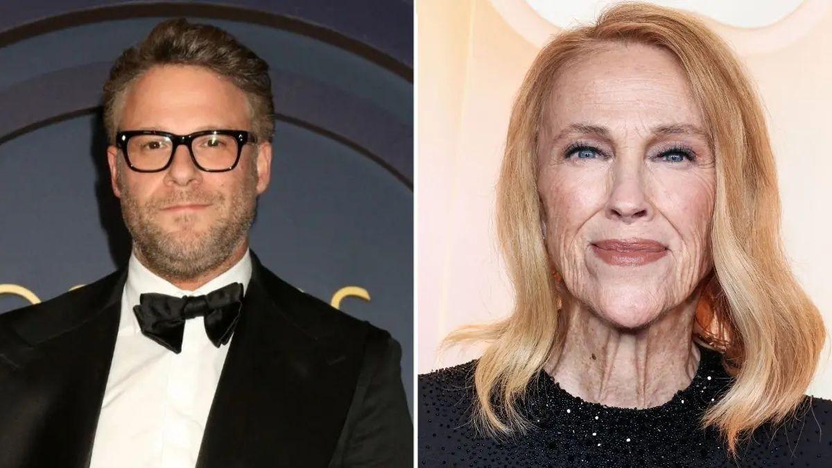 Split photo of Seth Rogen and Catherine O'Hara