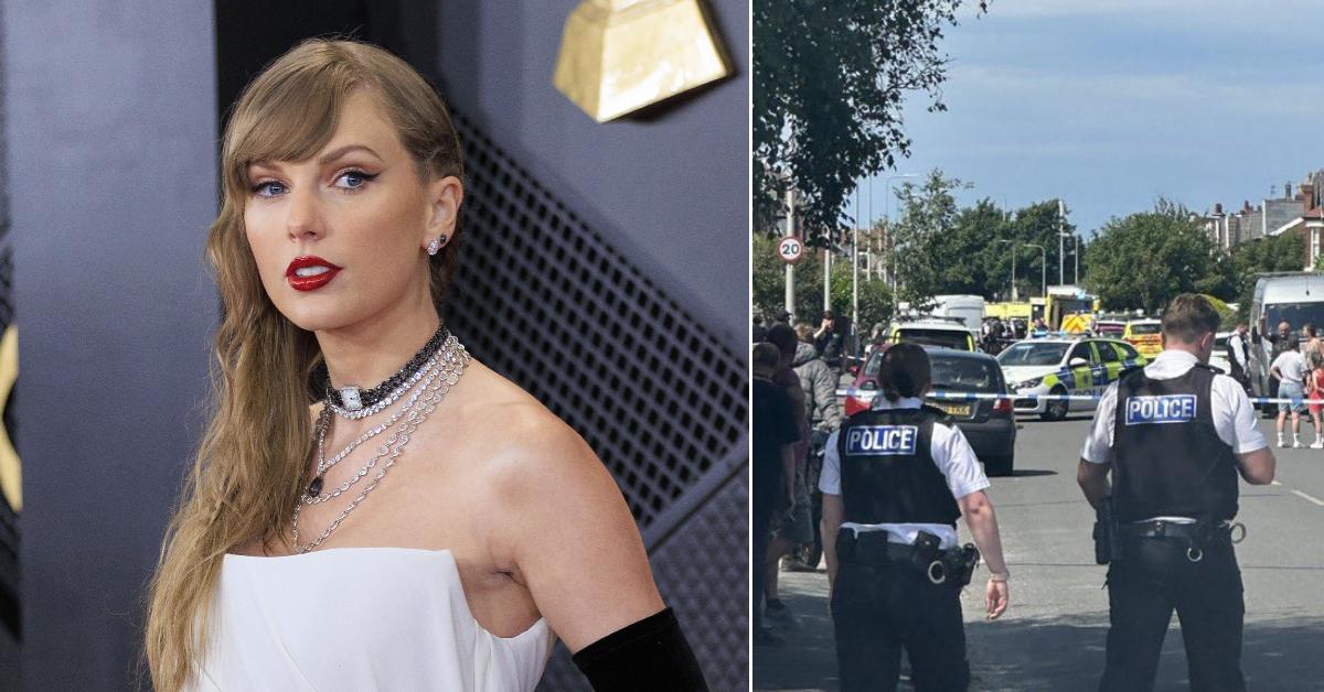 Photo of Taylor Swift and a picture of the Southport stabbing aftermath.