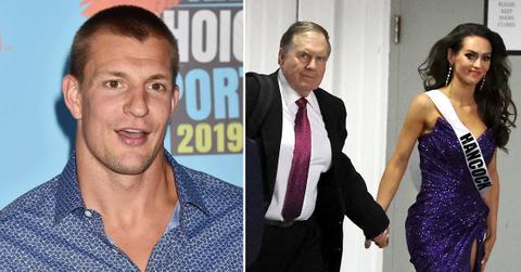 Photo of Rob Gronkowski; picture of Bill Belichick and Jordon Hudson.
