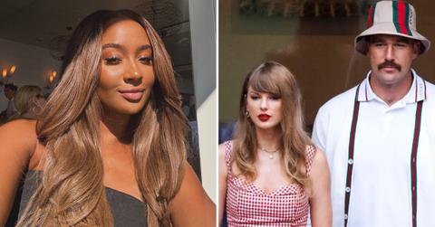 Composite photo of Kayla Nicole and a picture of Taylor Swift with Travis Kelce.