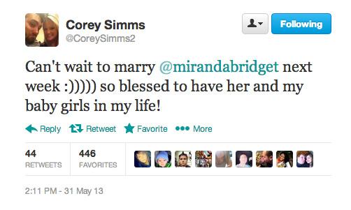 //corey simms wedding date miranda