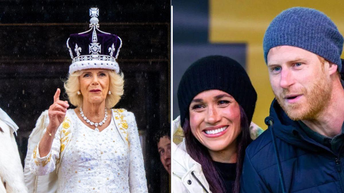 image split of camilla and meghan markle and prince harry