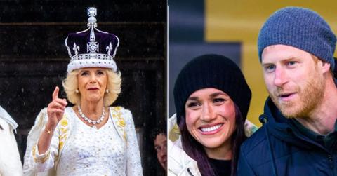 image split of camilla and meghan markle and prince harry