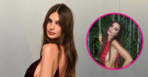Image of Emily Ratajkowski went braless in the daring dress.
