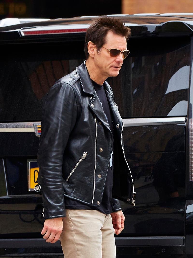 EXCLUSIVE: Jim Carrey spotted wearing a leather jacket while departing The Greenwich Hotel in NYC