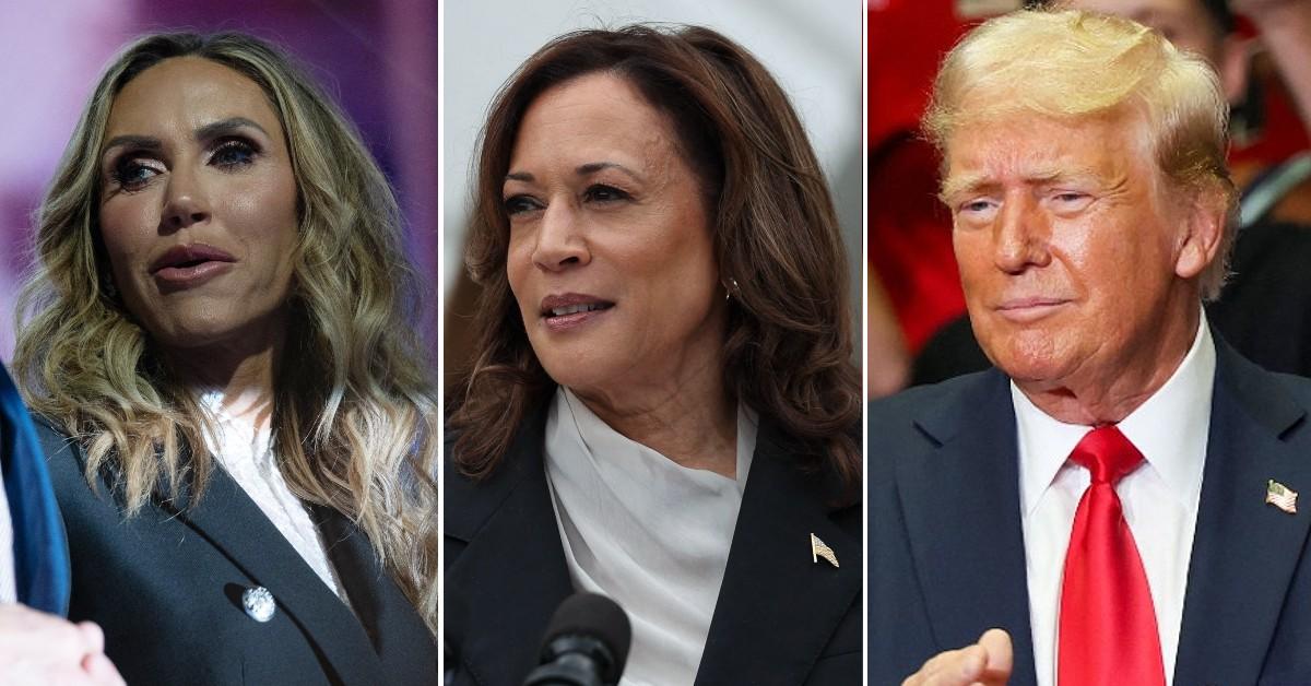 Split photo of Lara Trump, Kamala Harris and Donald Trump.