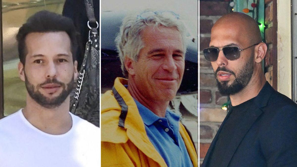 split image of Tristan Tate, Jeffrey Epstein, and Andrew Tate