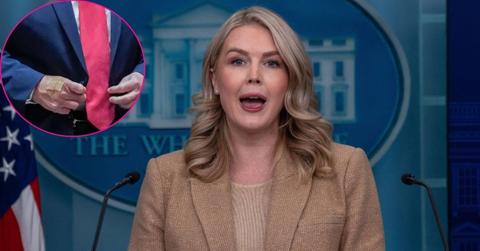 composite photo of karoline leavitt and donald trump's bandaged hands