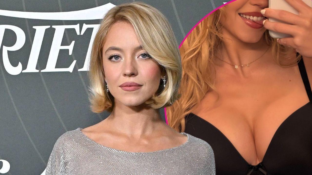 sydney sweeney nearly busts out of her black bra in sizzling photos