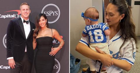 Split photo of Jared Goff, Christen Harper Goff and their daughter Romy.