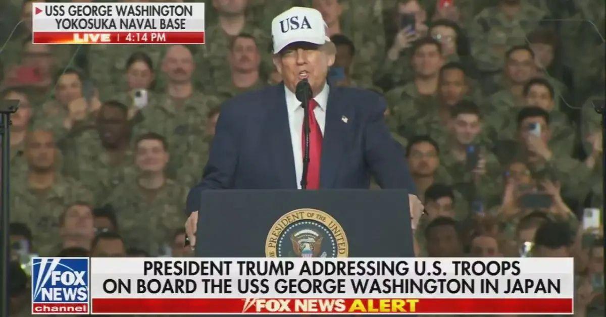 Photo of Donald Trump addressed U.S. troops while in Japan.
