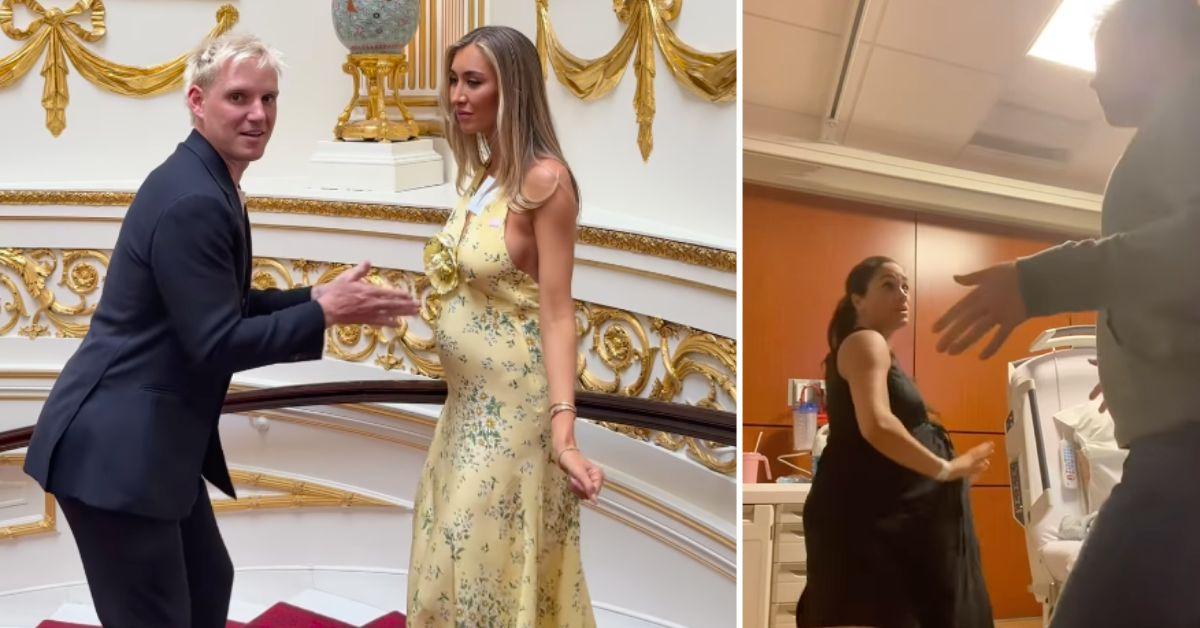 Photo of Jamie Lang with Sophie Habboo and a picture of Prince Harry with Meghan Markle