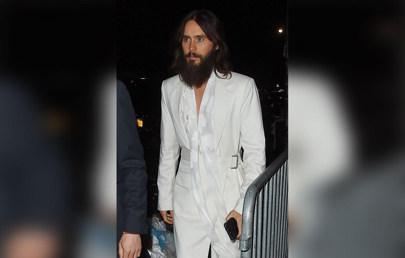 Jared Leto wears an all white outfit he stop by the &#8220;Cipriani Downtown&#8221;