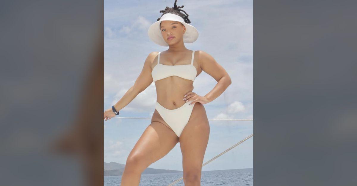 halle bailey shows off mom bod cheeky white bikini photos