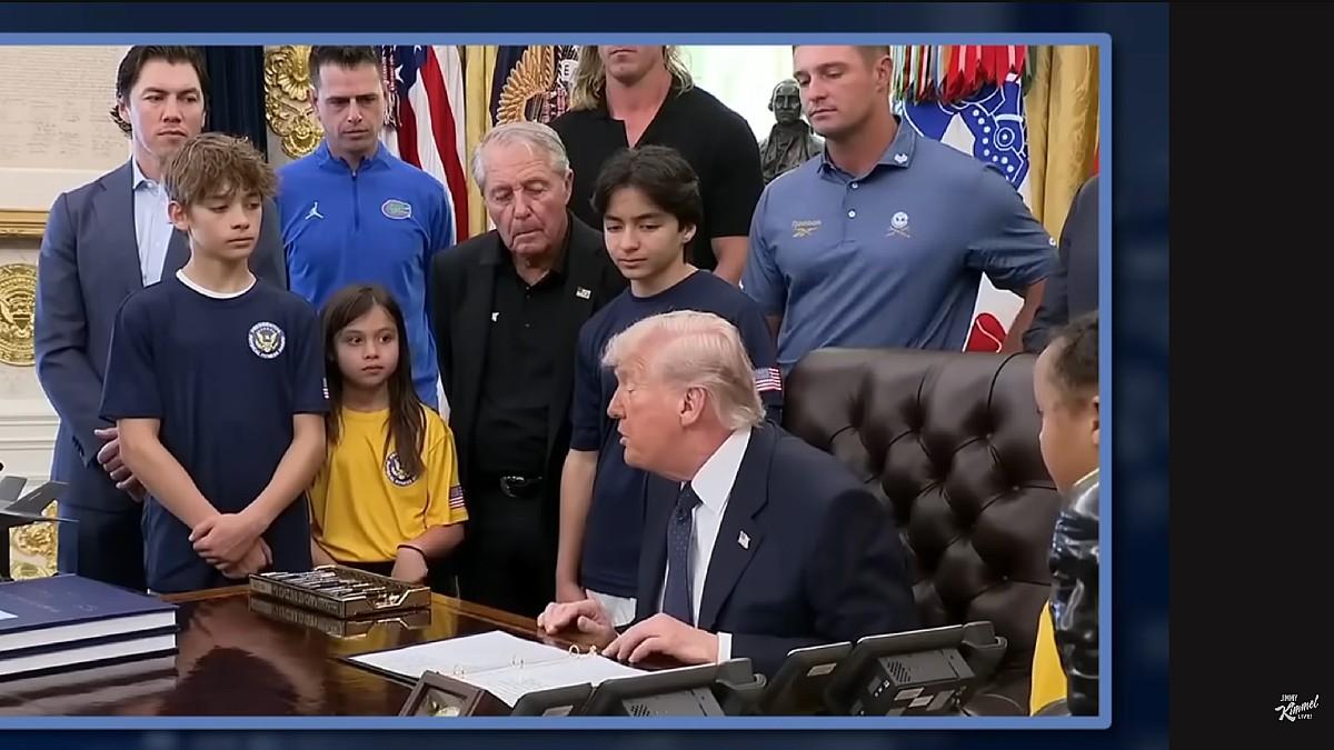 image of Donald Trump was called out for stomping on the child's dreams. 