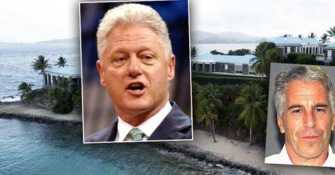 Jeffrey Epstein's Private Island, Insets of Bill Clinton from 2003, and Jeffrey Epstein mugshot