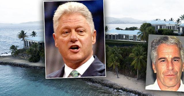 Jeffrey Epstein's Private Island, Insets of Bill Clinton from 2003, and Jeffrey Epstein mugshot