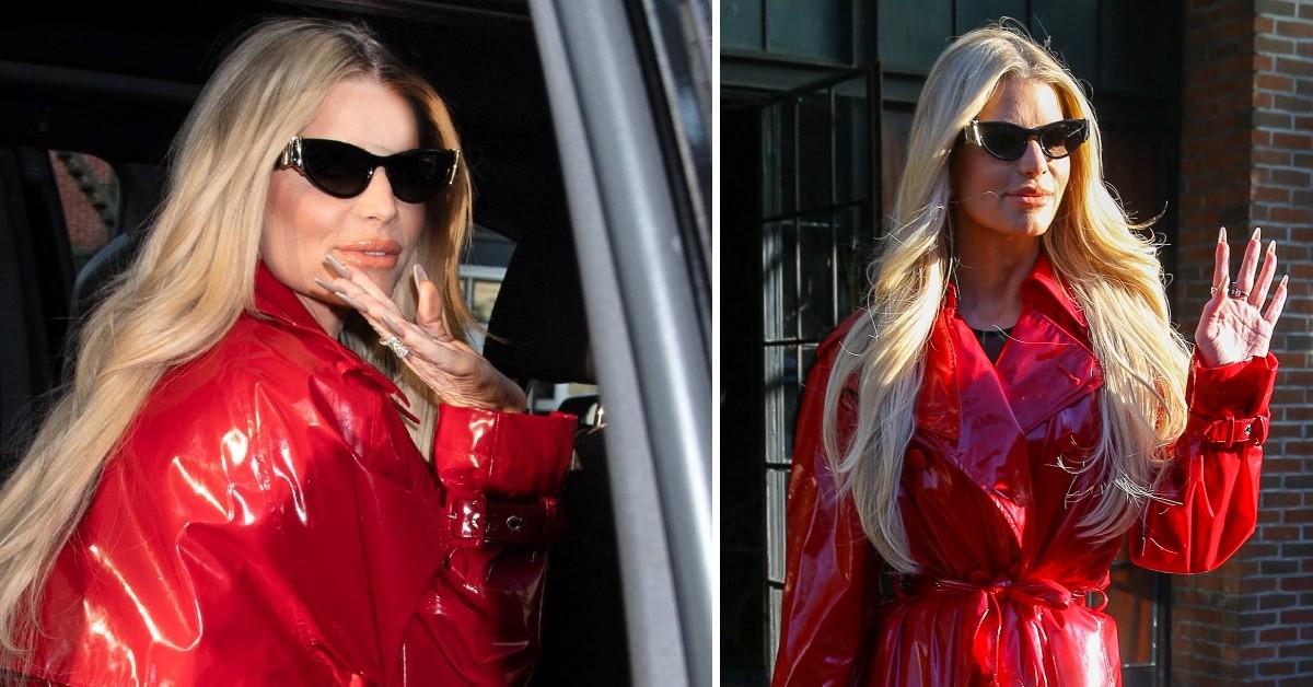 Jessica Simpson Stuns In Red Leather Trench Coat In NYC: Photos