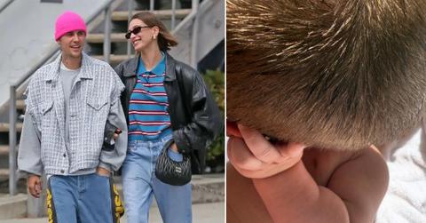 Photo of Justin and Hailey Bieber and a picture of Justin with son Jack.