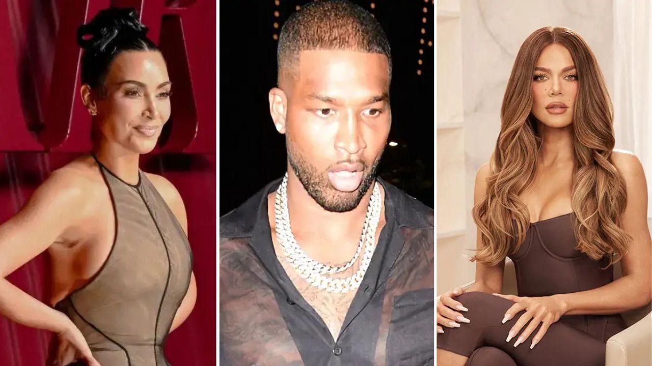 Split photo of Kim Kardashian, Tristan Thompson, and Khloé Kardashian