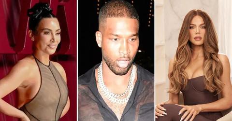Split photo of Kim Kardashian, Tristan Thompson, and Khloé Kardashian