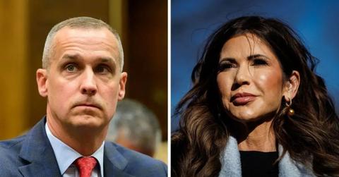 split photo of kristi noem and corey Lewandowski