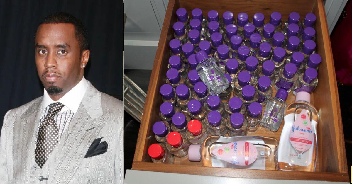 Photo of Sean 'Diddy' Combs and photo of baby oil and lube bottles
