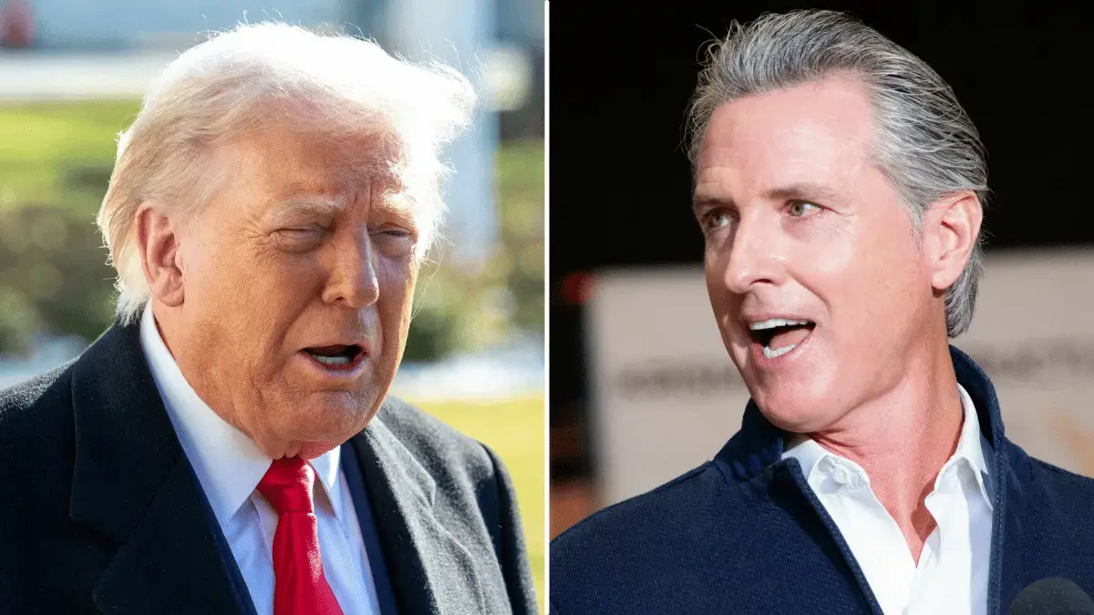 split photo of Donald Trump and Gavin Newsom. 