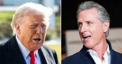split photo of Donald Trump and Gavin Newsom.