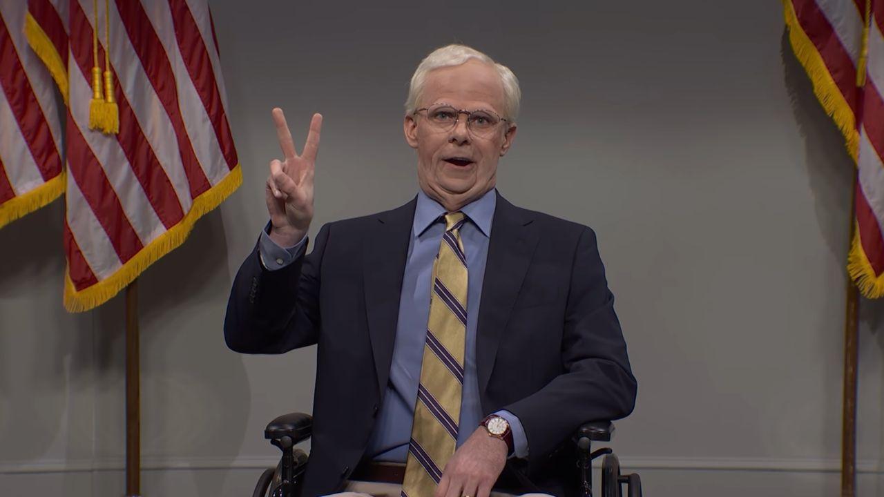 Image of Mikey Day’s Mitch McConnell flashed a peace sign before being rolled off-screen.