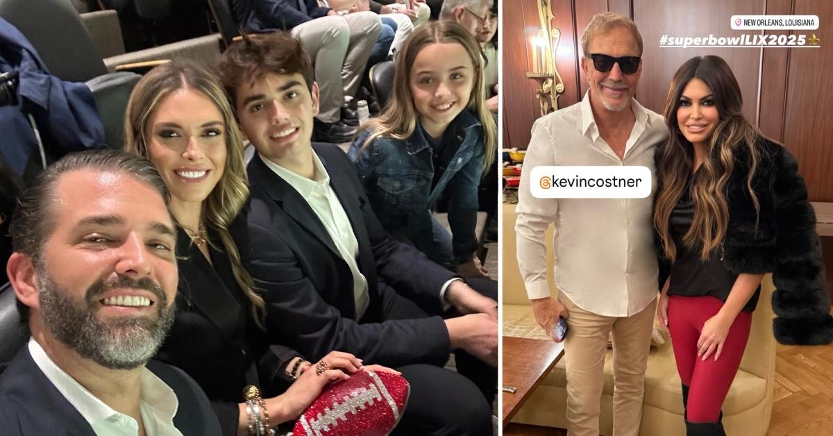 A photo of Donald Trump Jr. with Bettina Anderson and two of his kids and a picture of Kimberly Guilfoyle with Kevin Costner.