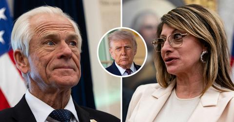 Composite photo of Peter Navarro, Maria Bartiromo and Donald Trump..