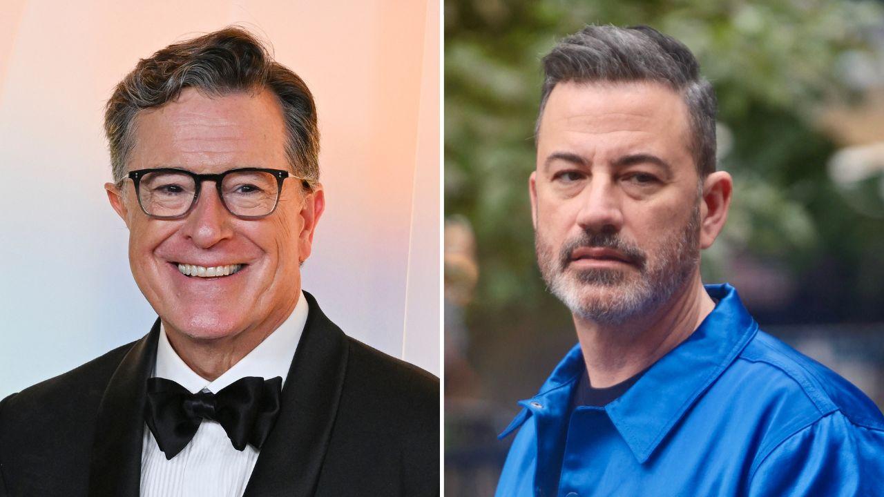 Photo of Stephen Colbert and Jimmy Kimmel.