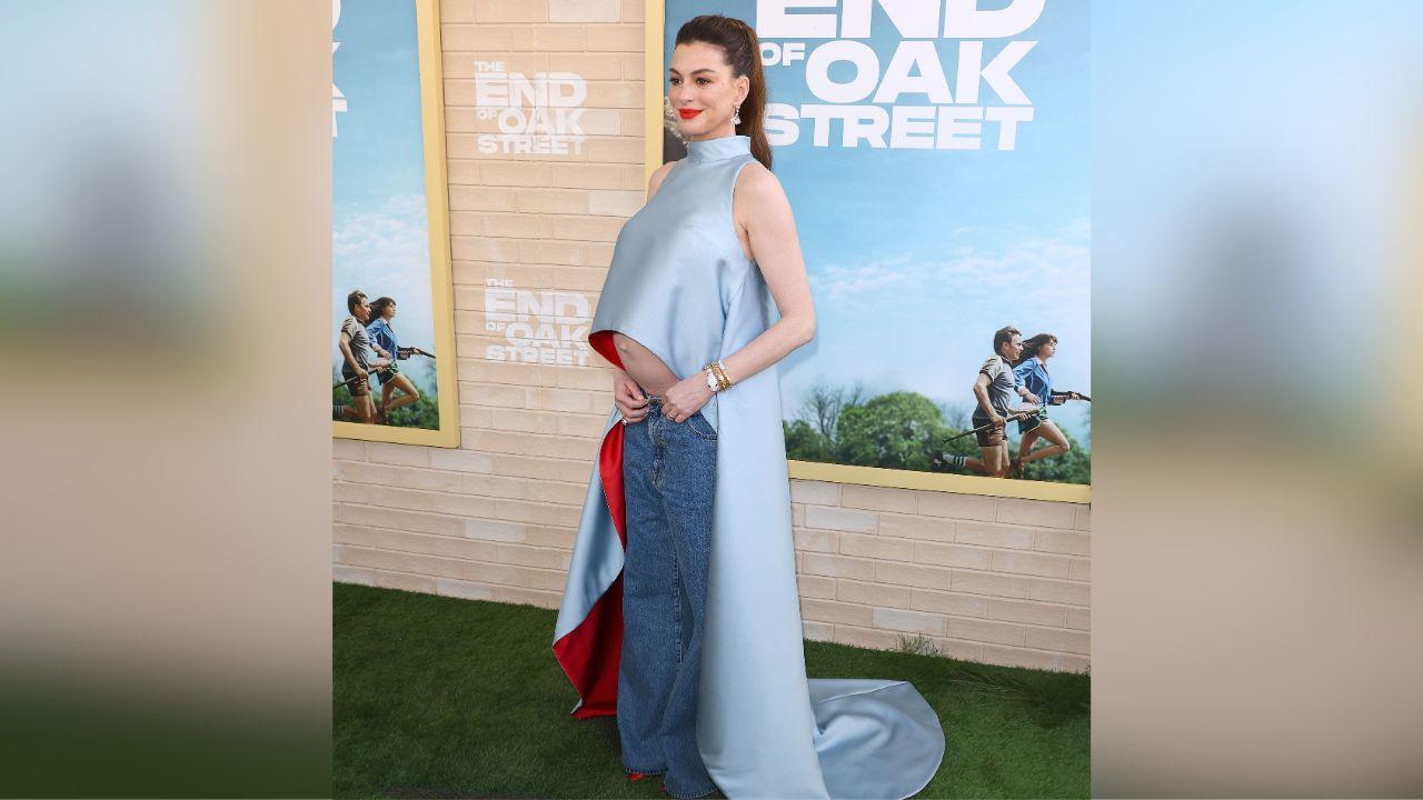 image of Anne Hathaway wore a custom Atelier Prabal Gurung outfit to the Los Angeles premiere of ‘The End of Oak Street.’
