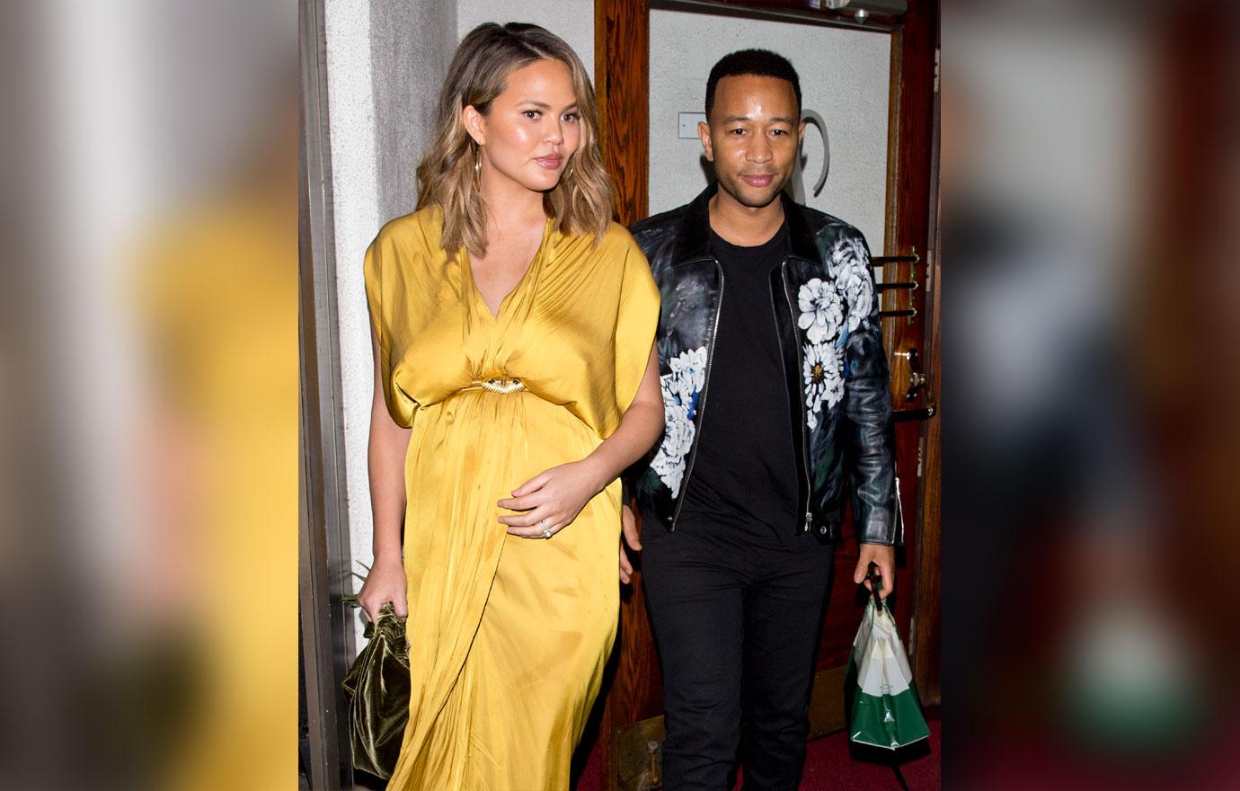 Chrissy Teigen wearing a beautiful Gold Dress and her husband singer John Legend were seen leaving dinner at &#8216;Madeo&#8217; Restaurant in West Hollywood, CA